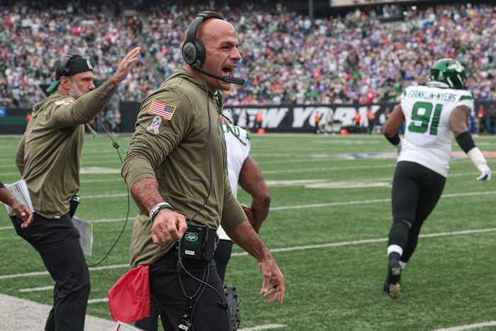 New York Jets head coach Robert Saleh celebrates win over Buffalo Bills